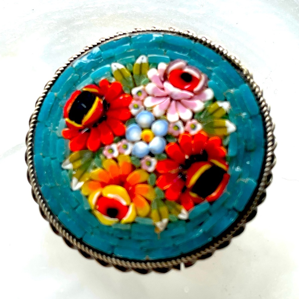 Teal Floral Mosaic Brooch round scarf pin 1960s vintage European Irish scalloped